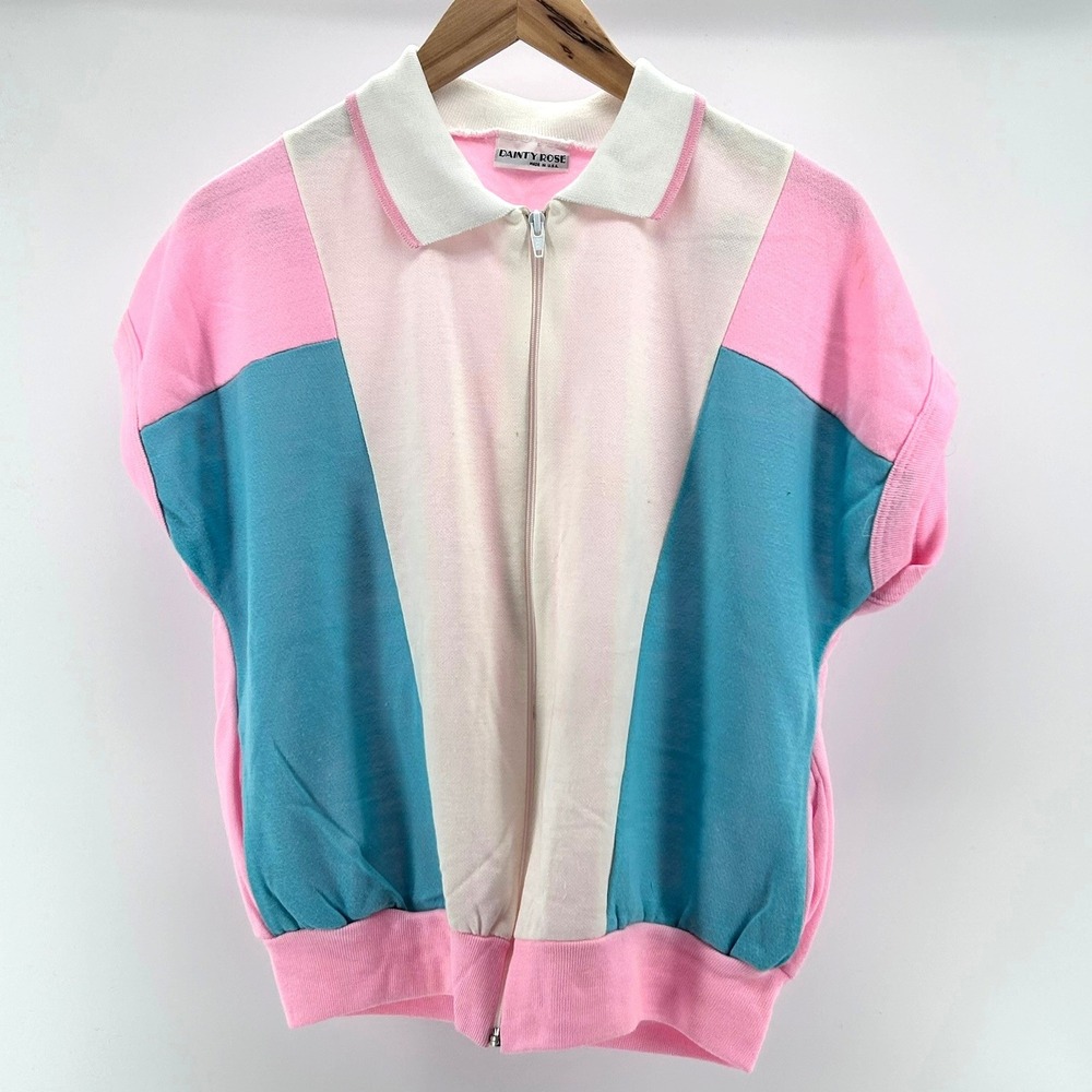 Vintage Dainty Rose Pastel Colorblock Zip Up Short Sleeve Sweatshirt Pink Blue M